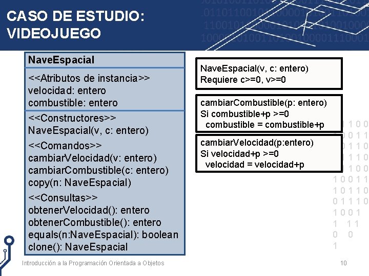 CASO DE ESTUDIO: VIDEOJUEGO Nave. Espacial <<Atributos de instancia>> velocidad: entero combustible: entero <<Constructores>>