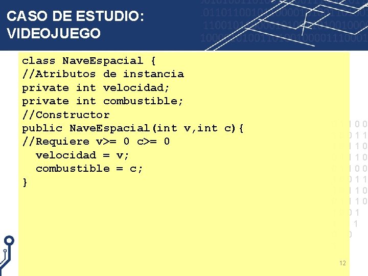 CASO DE ESTUDIO: VIDEOJUEGO class Nave. Espacial { //Atributos de instancia private int velocidad;