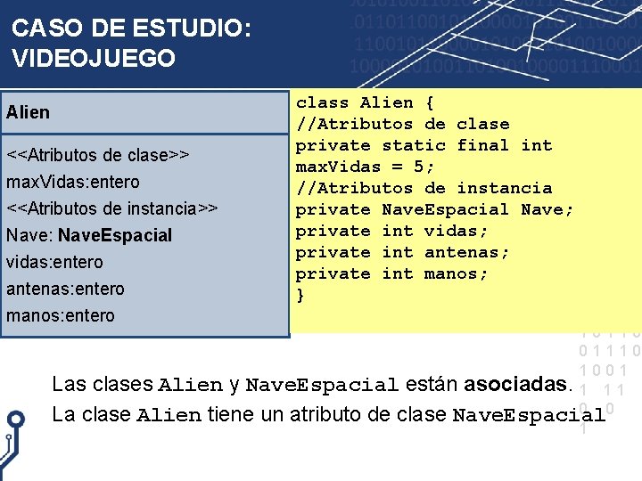 CASO DE ESTUDIO: VIDEOJUEGO Alien <<Atributos de clase>> max. Vidas: entero <<Atributos de instancia>>