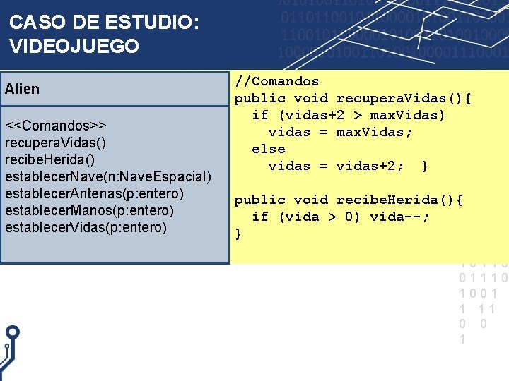 CASO DE ESTUDIO: VIDEOJUEGO Alien <<Comandos>> recupera. Vidas() recibe. Herida() establecer. Nave(n: Nave. Espacial)