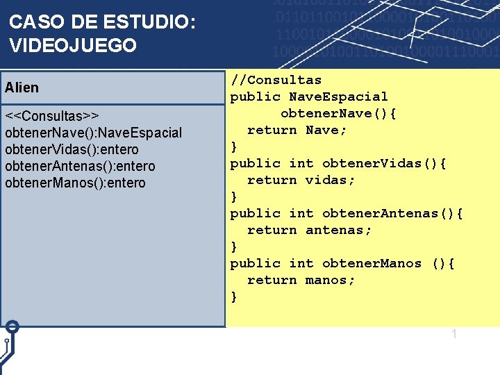 CASO DE ESTUDIO: VIDEOJUEGO Alien <<Consultas>> obtener. Nave(): Nave. Espacial obtener. Vidas(): entero obtener.