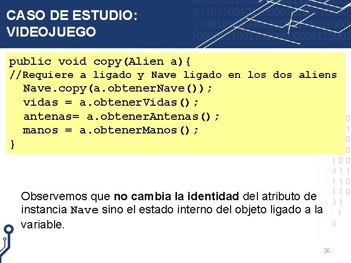 CASO DE ESTUDIO: VIDEOJUEGO public void copy(Alien a){ //Requiere a ligado y Nave ligado