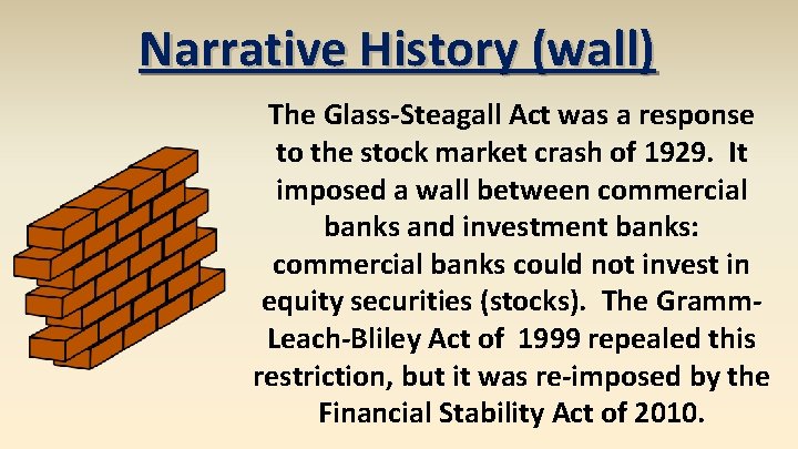 Narrative History (wall) The Glass-Steagall Act was a response to the stock market crash
