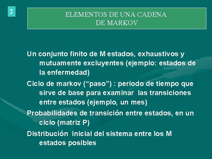 2 ELEMENTOS DE UNA CADENA DE MARKOV Un conjunto finito de M estados, exhaustivos