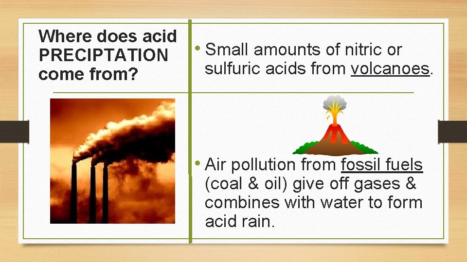 Where does acid PRECIPTATION • Small amounts of nitric or sulfuric acids from volcanoes.