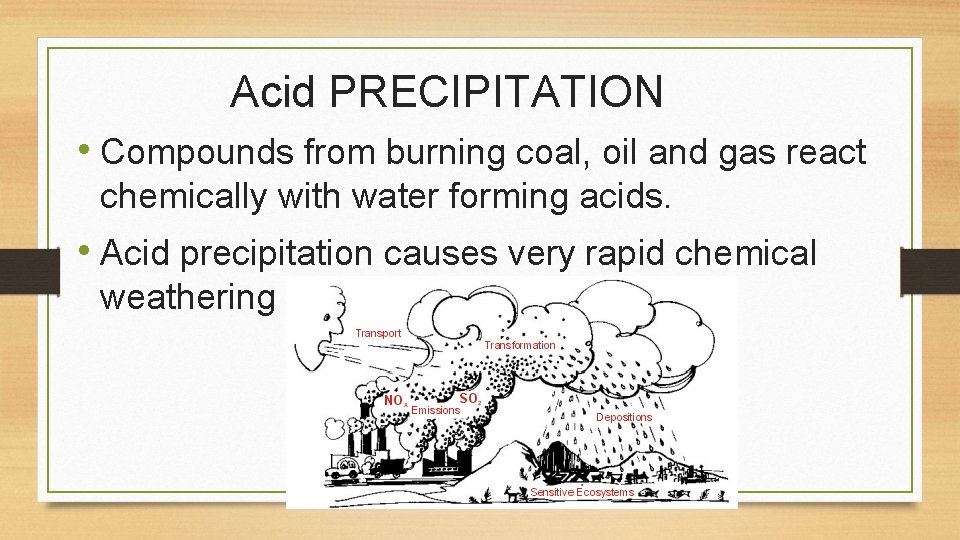 Acid PRECIPITATION • Compounds from burning coal, oil and gas react chemically with water