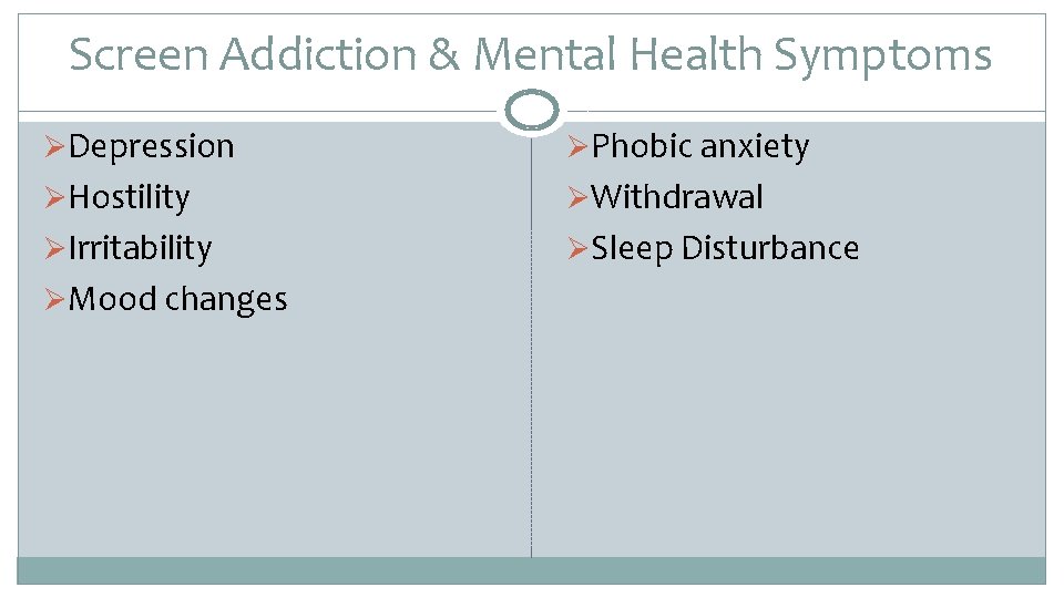 Screen Addiction & Mental Health Symptoms ØDepression ØPhobic anxiety ØHostility ØWithdrawal ØIrritability ØSleep Disturbance
