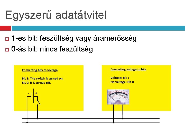 Egyszerű adatátvitel 1 -es bit: feszültség vagy áramerősség 0 -ás bit: nincs feszültség 