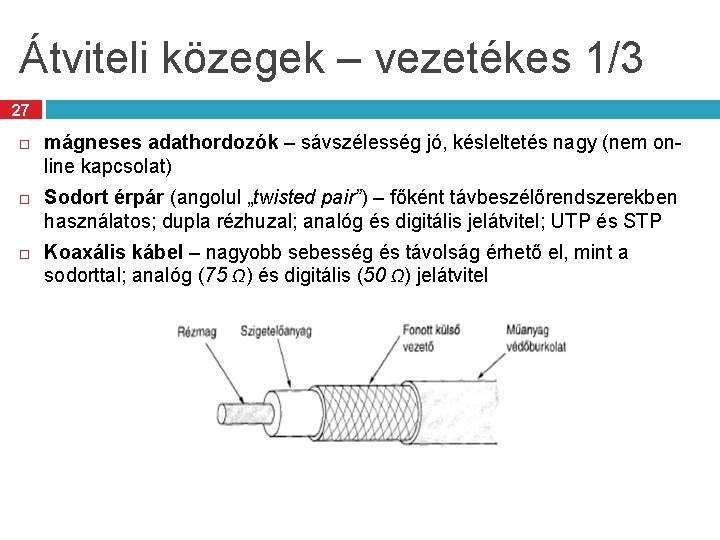 Átviteli közegek – vezetékes 1/3 27 mágneses adathordozók – sávszélesség jó, késleltetés nagy (nem