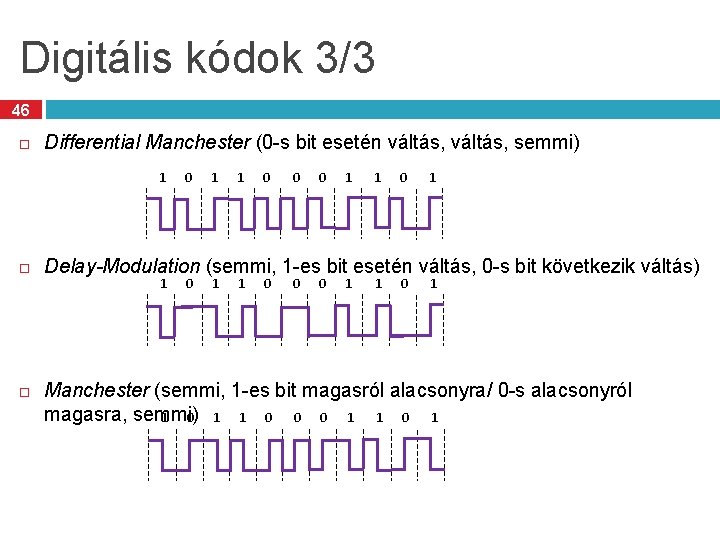 Digitális kódok 3/3 46 Differential Manchester (0 -s bit esetén váltás, semmi) 1 0