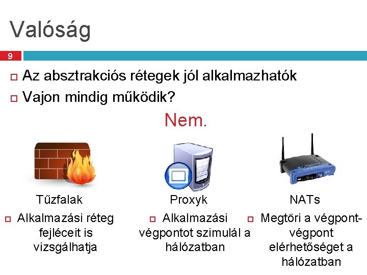 Valóság 9 Az absztrakciós rétegek jól alkalmazhatók Vajon mindig működik? Nem. Tűzfalak Alkalmazási réteg