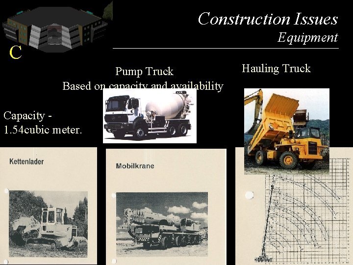 Construction Issues Picture Equipment C Pump Truck Based on capacity and availability Capacity 1.