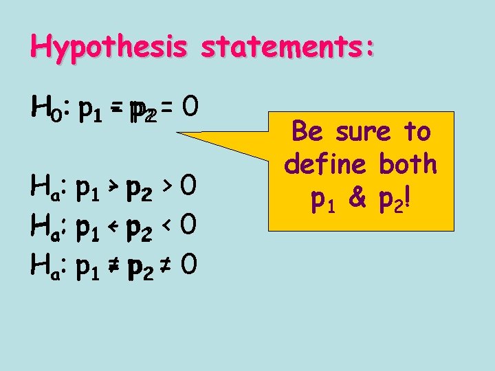 Hypothesis statements: H 0: p 1 -= pp 22 = 0 Ha: p 1 Hypothesis statements: H 0: p 1 -= pp 22 = 0 Ha: p 1