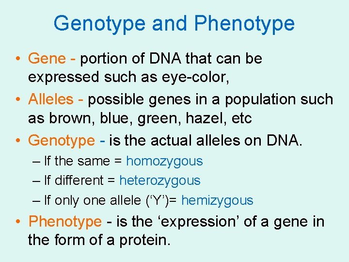 Genotype and Phenotype • Gene - portion of DNA that can be expressed such