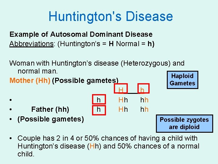 Huntington's Disease Example of Autosomal Dominant Disease Abbreviations: (Huntington’s = H Normal = h)