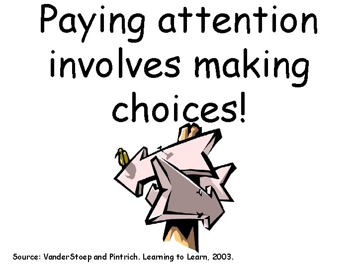Paying attention involves making choices! Source: Vander. Stoep and Pintrich. Learning to Learn, 2003.