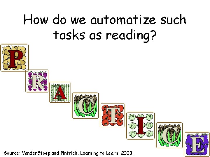 How do we automatize such tasks as reading? Source: Vander. Stoep and Pintrich. Learning
