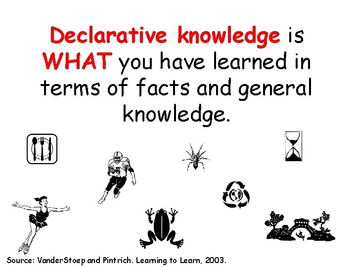 Declarative knowledge is WHAT you have learned in terms of facts and general knowledge.
