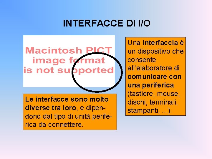 INTERFACCE DI I/O Le interfacce sono molto diverse tra loro, e dipendono dal tipo