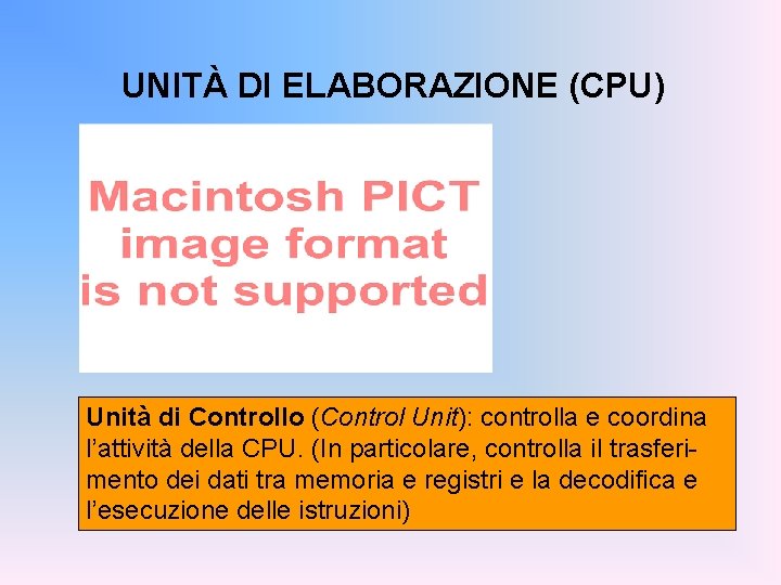 UNITÀ DI ELABORAZIONE (CPU) Unità di Controllo (Control Unit): controlla e coordina l’attività della