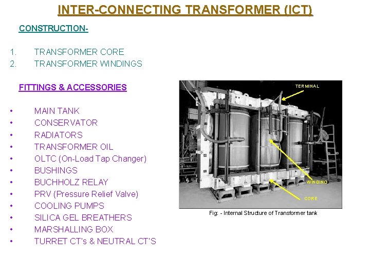 INTER-CONNECTING TRANSFORMER (ICT) CONSTRUCTION- 1. 2. TRANSFORMER CORE TRANSFORMER WINDINGS FITTINGS & ACCESSORIES •