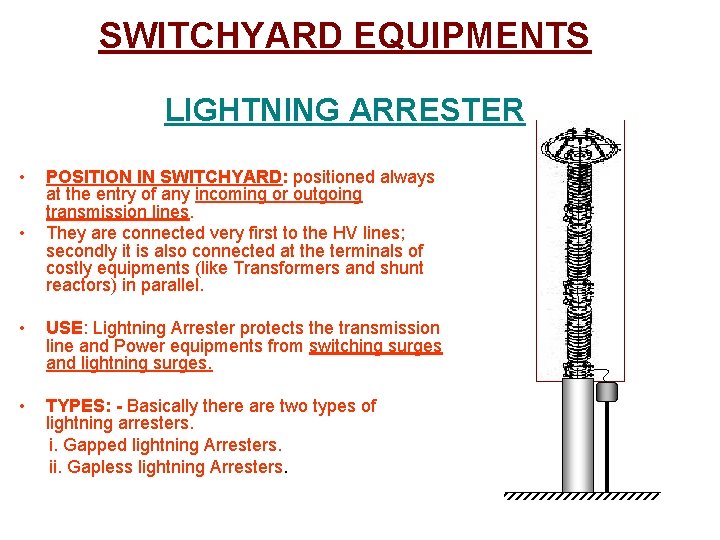 SWITCHYARD EQUIPMENTS LIGHTNING ARRESTER • • POSITION IN SWITCHYARD: positioned always at the entry