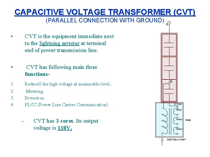 CAPACITIVE VOLTAGE TRANSFORMER (CVT) (PARALLEL CONNECTION WITH GROUND) • CVT is the equipment immediate