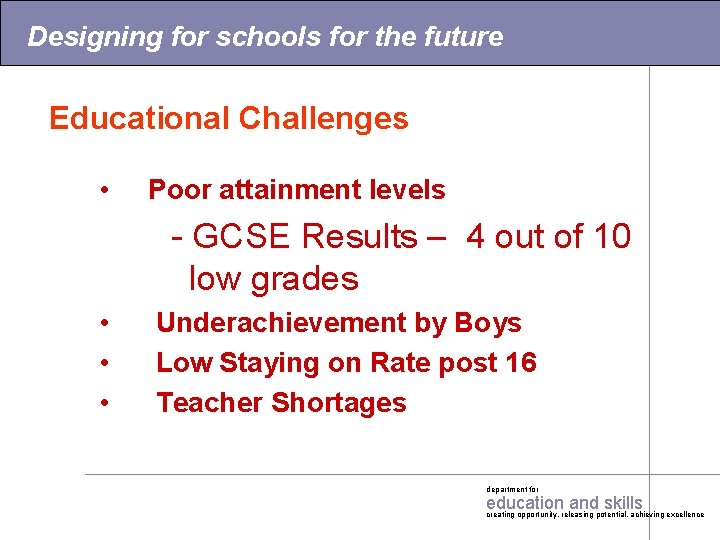 Designing for schools for the future Educational Challenges: Educational Challenges • Poor attainment levels