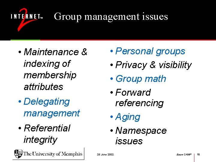 Group management issues • Maintenance & indexing of membership attributes • Delegating management •