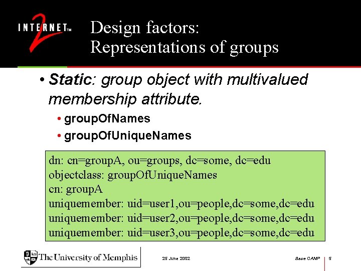Design factors: Representations of groups • Static: group object with multivalued membership attribute. •