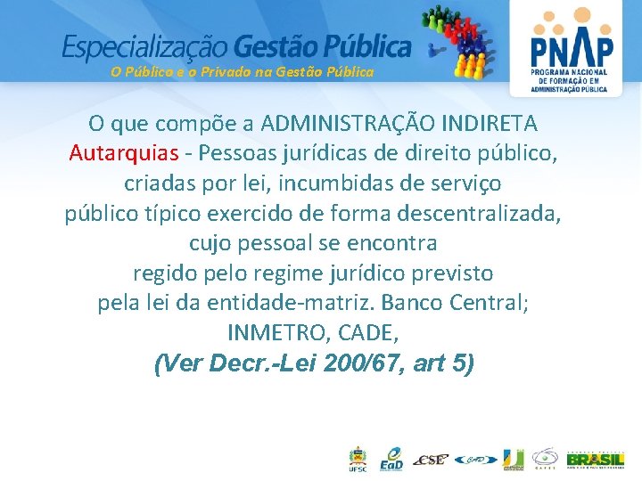 O Público e o Privado na Gestão Pública O que compõe a ADMINISTRAÇÃO INDIRETA