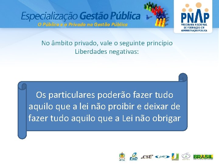 O Público e o Privado na Gestão Pública No âmbito privado, vale o seguinte