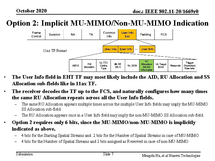 October 2020 doc. : IEEE 802. 11 -20/1669 r 0 Option 2: Implicit MU-MIMO/Non-MU-MIMO