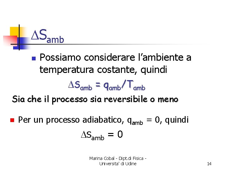 DSamb n Possiamo considerare l’ambiente a temperatura costante, quindi DSamb = qamb/Tamb Sia che