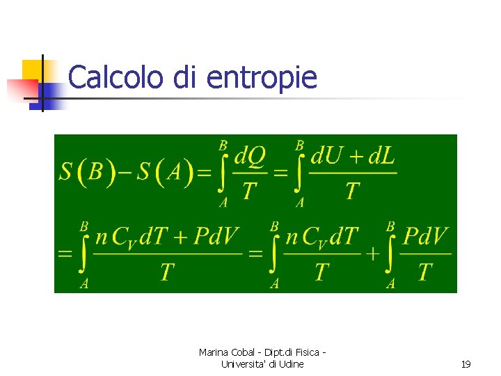 Calcolo di entropie Marina Cobal - Dipt. di Fisica Universita' di Udine 19 