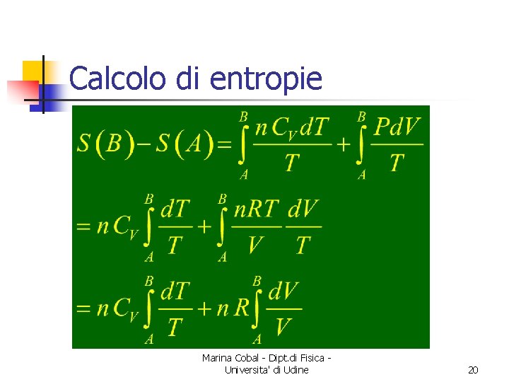 Calcolo di entropie Marina Cobal - Dipt. di Fisica Universita' di Udine 20 