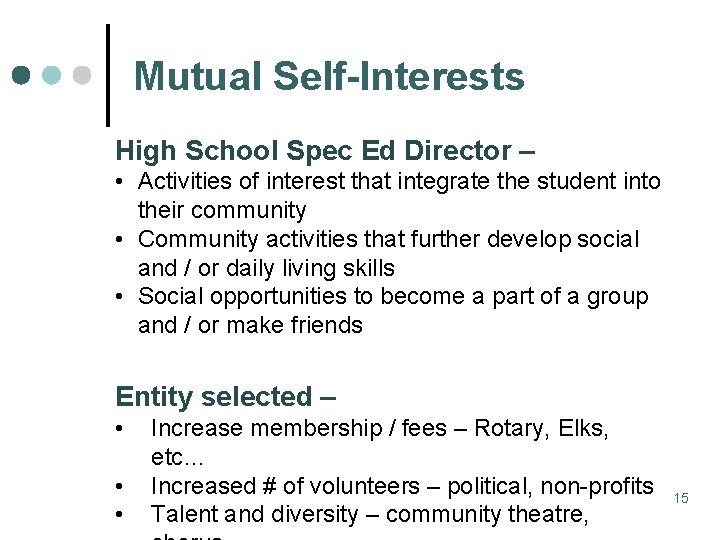 Mutual Self-Interests High School Spec Ed Director – • Activities of interest that integrate