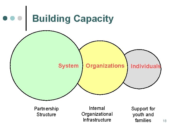 Building Capacity System Partnership Structure Organizations Internal Organizational Infrastructure Individuals Support for youth and