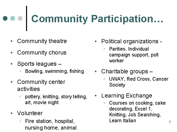 Community Participation… • Community theatre • Community chorus • Sports leagues – • Bowling,