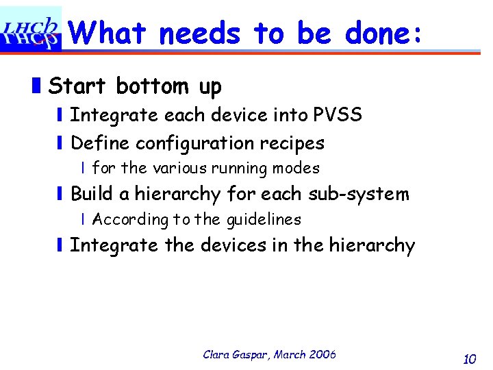 What needs to be done: ❚Start bottom up ❙Integrate each device into PVSS ❙Define