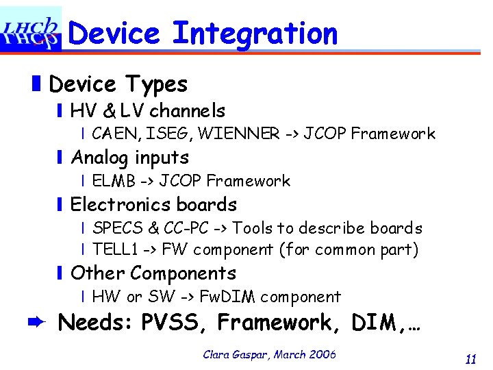 Device Integration ❚Device Types ❙HV & LV channels ❘CAEN, ISEG, WIENNER -> JCOP Framework