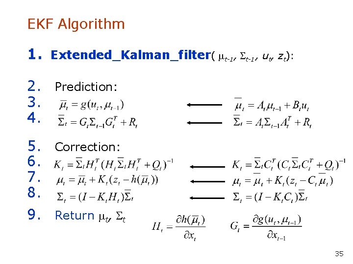 EKF Algorithm 1. Extended_Kalman_filter( mt-1, St-1, ut, zt): 2. Prediction: 3. 4. 5. Correction: