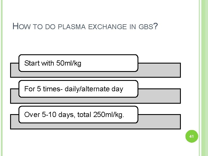 HOW TO DO PLASMA EXCHANGE IN GBS? Start with 50 ml/kg For 5 times-