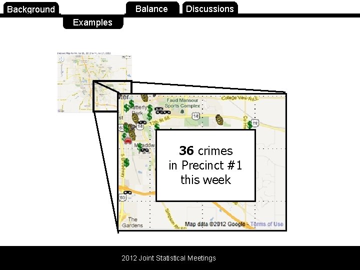 Background Purpose Balance Discussions Examples 36 crimes in Precinct #1 this week 2012 Joint