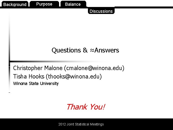 Background Purpose Balance Discussions Questions & ≈Answers Christopher Malone (cmalone@winona. edu) Tisha Hooks (thooks@winona.