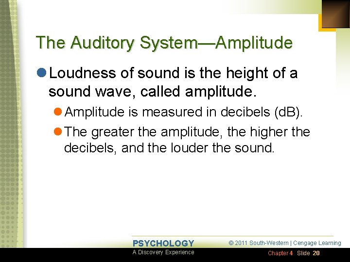 The Auditory System—Amplitude l Loudness of sound is the height of a sound wave,