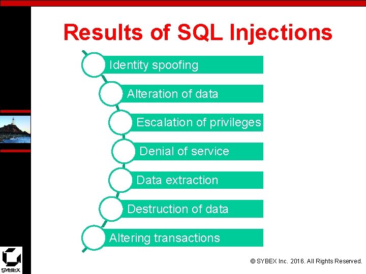Results of SQL Injections Identity spoofing Alteration of data Escalation of privileges Denial of
