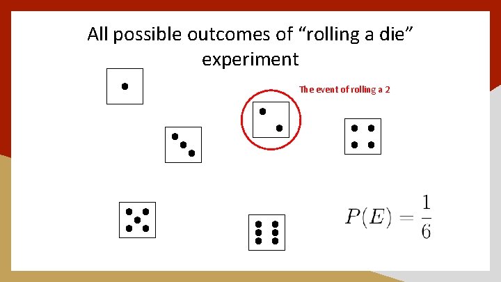All possible outcomes of “rolling a die” experiment The event of rolling a 2