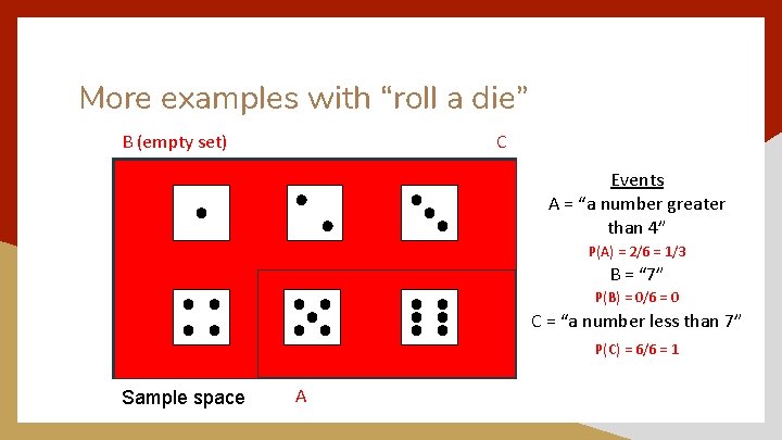 More examples with “roll a die” B (empty set) C Events A = “a