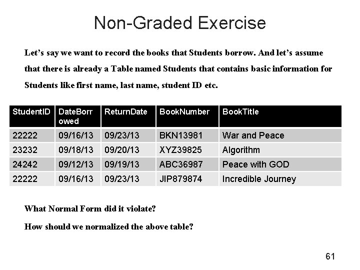 Non-Graded Exercise Let’s say we want to record the books that Students borrow. And